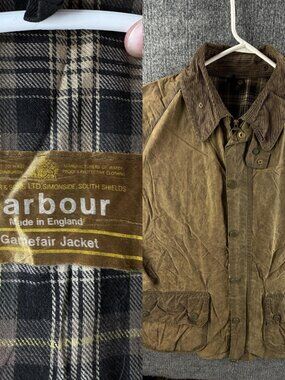 VTG Barbour Gamefair Waxed Jacket Men Full Zip Brown Tartan Lined England Made